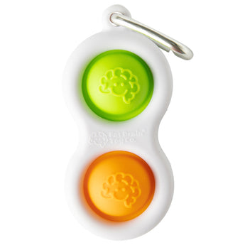 The Fat Brain Toy Co Simpl Dimpl is a white keychain with two silicone bubbles (green & orange) for tactile fun, featuring a sturdy metal clip.