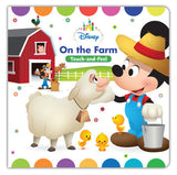 Mickey pets a sheep and three chicks in Disney Baby: On the Farm Board Book by Random House for vocabulary expansion.