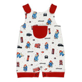 Lovedbaby Organic Sleeveless Romper has red accents and features bear in a blue coat, vehicles, and Paddington text.