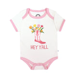 Luxury Bodysuit, Hey Yall by Emerson and Friends: white with pink trim, flower boot print, soft cotton.