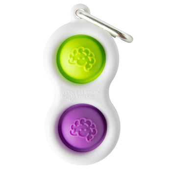 The Simpl Dimpl by Fat Brain Toy Co is a white fidget keychain with green and purple silicone buttons for tactile fun, with a metal clip.