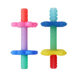Two Teensy Tubes by Itzy Ritzy: Colorful rubber chew toys with textured rings and handles, perfect for teething.