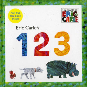 Eric Carles 123 Board Book by Random House features colorful numbers, animals like a gray dog and blue-green hippo, with a green border.