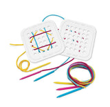 Fat Brain Toy Cos Sew Fast features two square lacing cards with colorful strings and plastic needles for a fun sewing game!.