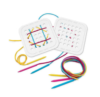 Fat Brain Toy Cos Sew Fast features two square lacing cards with colorful strings and plastic needles for a fun sewing game!.