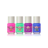 The Piggy Paint Gift Set Scented Fruit Fairy includes four hypoallergenic, non-toxic, water-based nail polishes in bright pink, green, purple, and blue.