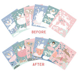 Colorful childrens illustrations with fairies and animals: before five cards, after the magic of Floss and Rocks Enchanted Watercard Easel.