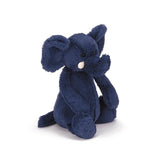 The Jellycat Bashful Blue Elephant Medium sits upright, flaunting its midnight-blue plush fur, big ears, and long trunk.