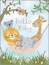 Gina B Designs Baby Card, Animal Hammock, features cute animals under a tree with Hello Baby text—ideal for a playful greeting!.