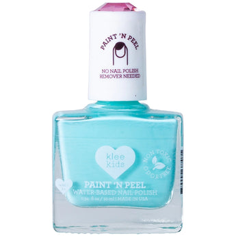 Klee Naturals Kids Water-Based Peelable Nail Polish, turquoise with heart design and purple cap.