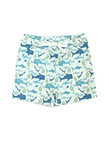 Light green Swim Trunks by Emerson and Friends, featuring a blue Shark Friends pattern and white drawstring.
