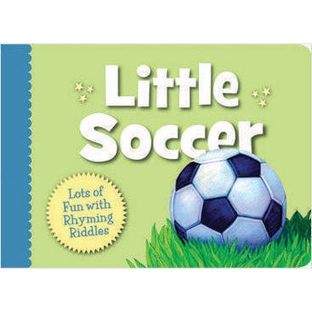The Little Soccer Board Book by Sleeping Bear Press features a soccer ball on grass and offers toddlers fun rhyming riddles.