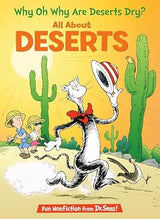 Dr. Seusss Cat in the Hat stands in a desert with kids and cactus. Text: Why Oh Why Are Deserts Dry? From Random House Learning Library!.