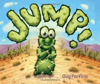 Barb the Clever Cactus grins in a desert with Jump! above. Art by Guy Porfirio. Treasure Chest Books Jump! Hardcover Book.