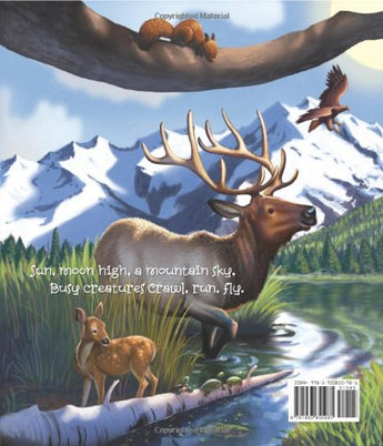 Explore mountain wildlife—elk, doe, fawn, squirrel, and bird—under snowy peaks in Mountain Night Mountain Day by Treasure Chest Books.