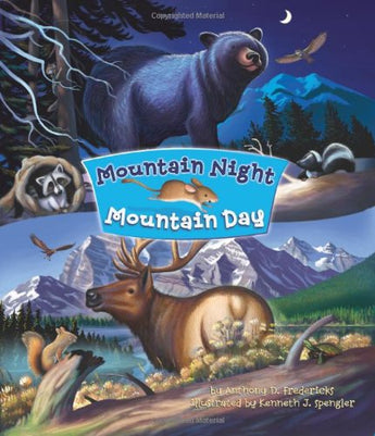 Cover of Mountain Night Mountain Day from Treasure Chest Books, an interactive childrens book with raccoon, bear & elk under two skies.
