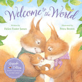 Two squirrels nuzzle their baby under green leaves. Welcome To the World by Sleeping Bear Press is perfect for new baby gifts.