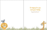 Baby Card by Gina B Designs: Lion, koala & giraffe in hammock. Text: Congratulations! So happy for you and your family!.