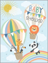 Gina B Designs Baby Card: Glittery animals (lion, giraffe, zebra, toucan, panda) in hot air balloons float among sun and clouds.