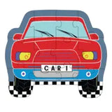 The Floss and Rock 12 Piece Puzzle features a red car with CAR 1 plate on a checkered background, enhancing cognitive skills.