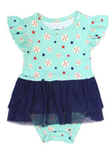 Emerson and Friends Skirt Onesie is in a teal Baseball Buddies print with red/white baseballs, stars, and a navy bamboo-tulle skirt.