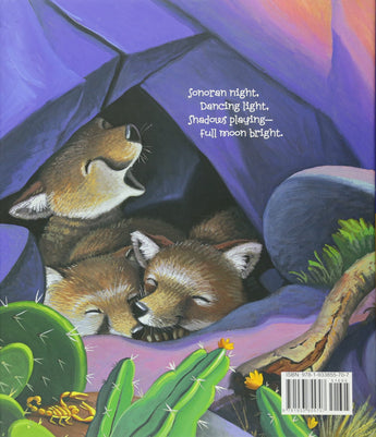 Three foxes snooze in a rocky den under a desert night sky with cacti, next to the poem Desert Night Desert Day. By Treasure Chest Books.