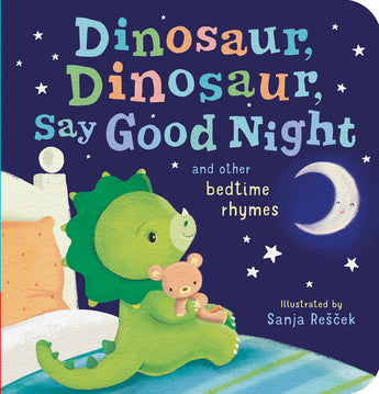 A young dinosaur cuddles a teddy bear under a starry sky in Dinosaur Dinosaur Say Good Night by Random House—perfect bedtime gift!.