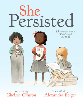 Three girls with a wrench and books stand before the She Persisted hardcover by Random House, inspiring atop book stacks.