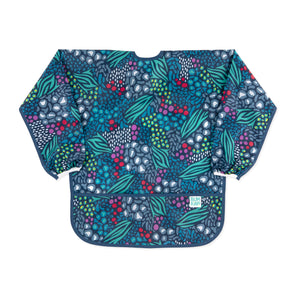 Bumkins Long-Sleeved Art Smock: Animal Prints features colorful blues, greens, and reds on dark waterproof fabric with a front pocket.