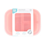 Bumkins Silicone Bento Box 3 Section: Pink Jelly is shown with a cardboard packaging band around the middle.