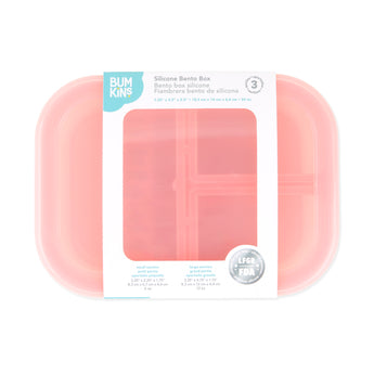 Bumkins Silicone Bento Box 3 Section: Pink Jelly is shown with a cardboard packaging band around the middle.