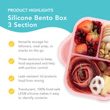 Bumkins Silicone Bento Box 3 Section highlights—versatile storage, 3 sections, leak-resistant lid, translucent 100% food-safe LFGB silicone.