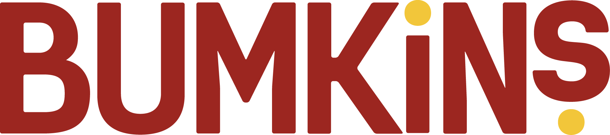 Red text reading “BUMKINS” with yellow dots above the “I” and after the “S” on a white background.
