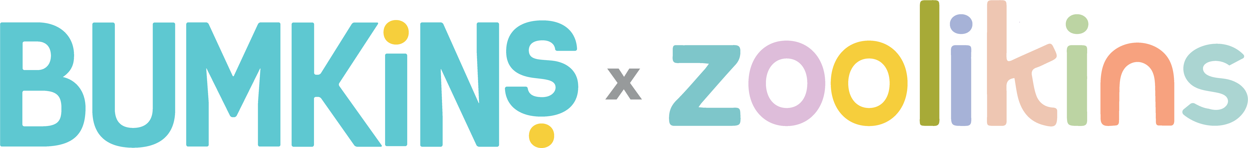 The image shows the logos of BUMKINS in teal with yellow dots on the B and I, and zoolikins in pastel colors of blue, pink, yellow, and green. The two names are separated by a small x in black.