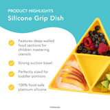 Bumkins Silicone Grip Dish highlights—deep-walled food sections, strong suction base, 100% food-safe platinum silicone.