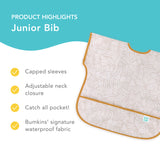Bumkins Junior Bib highlights—capped sleeves, adjustable neck closure, catch all pocket, Bumkins' signature waterproof fabric.