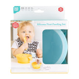 Bumkins Silicone First Feeding Set: Blue is shown in a white packaging box, with a clear window partially showing the bowl.