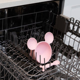 A bowl & spoon from Bumkins On-The-Go Mealtime 5-Piece Set: Mickey + Minnie Mouse Sunny Side Up Pink sit in the top rack of a dishwasher.