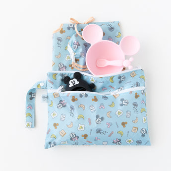 Bumkins On-The-Go Mealtime 5-Piece Set: Mickey + Minnie Mouse Sunny Side Up Pink is displayed on a white background.