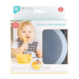 Bumkins Silicone First Feeding Set: Gray is shown in a white packaging box, with a clear window partially showing the bowl.