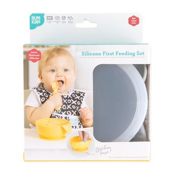 Bumkins Silicone First Feeding Set: Marble is shown in a white packaging box, with a clear window partially showing the bowl.