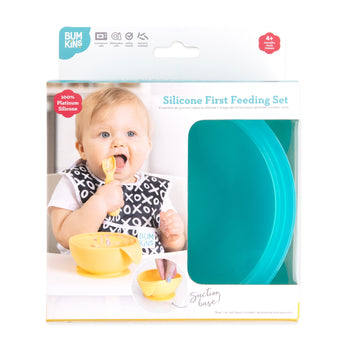 Bumkins Silicone First Feeding Set: Blue Jelly is shown in a white packaging box, with a clear window partially showing the bowl.