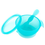 Bumkins Silicone First Feeding Set: Blue Jelly includes a bowl with a spill-proof suction base., lid, and spoon, made of LFGB-grade silicone.