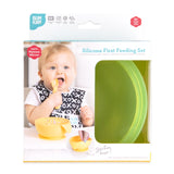 Bumkins Silicone First Feeding Set: Green Jelly is shown in a white packaging box, with a clear window partially showing the bowl.
