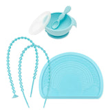 Bumkins Baby-Led Weaning Essential 6-Piece Set: Blue includes a blue bowl, spoon, lid, placemat, and two accessory tethers.