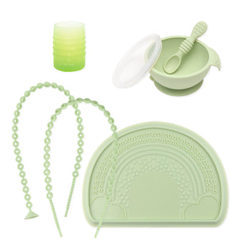 Bumkins Baby-Led Weaning Deluxe 7-Piece Set: Sage includes a green bowl, spoon, lid, cup, placemat, and two accessory tethers.