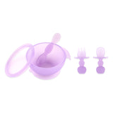 Bumkins First Foods Essential 5-Piece Mealtime Set: Purple Jelly includes a purple bowl, purple spoon, purple lid, & purple toddler utensils.