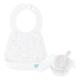 Bumkins Silicone Feeding 4-Piece Set: Vanilla Sprinkle includes a white silicone bib, white bowl, white spoon, and transparent lid.