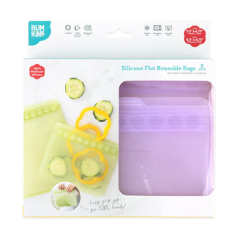 Bumkins Silicone Flat Reusable Bag 2 Pack, Lavender is shown in a white packaging box with a clear front window partially displaying the bags.