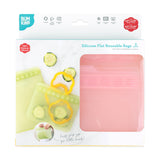 Bumkins Silicone Flat Reusable Bag 2 Pack, Pink is shown in a white packaging box with a clear front window partially displaying the bags.